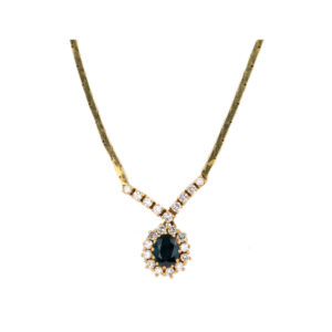 Oval Blue Sapphire & Diamond Halo Yellow Gold Estate Necklace