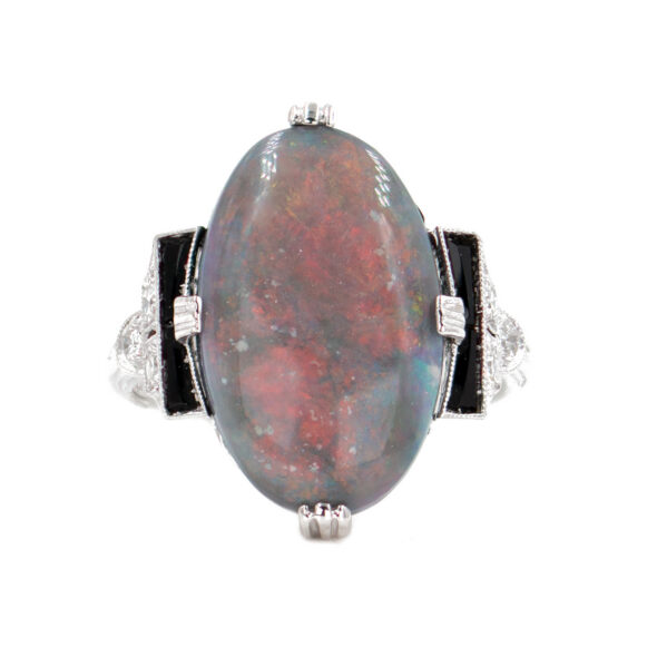Art Deco 18 and 14k white gold black opal, diamond and onyx ring