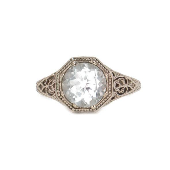770-21570-Front1 Edwardian 1.80 Carat Round Aquamarine Filigree Ring in 10 Karat White Gold, Ring