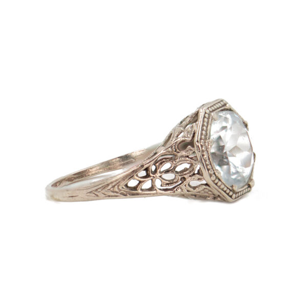 770-21570-Right1 Edwardian 1.80 Carat Round Aquamarine Filigree Ring in 10 Karat White Gold, Ring