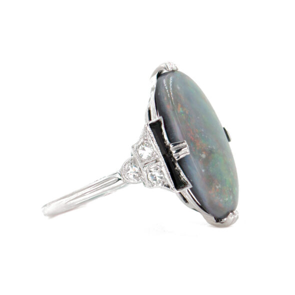 Art Deco 18 and 14k white gold black opal, diamond and onyx ring
