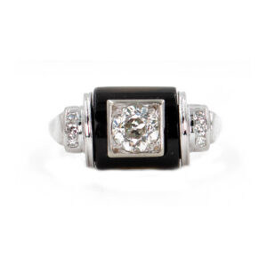 Vintage Onyx & Diamond Ring in 14K White Gold, Art Deco  Estate Ring