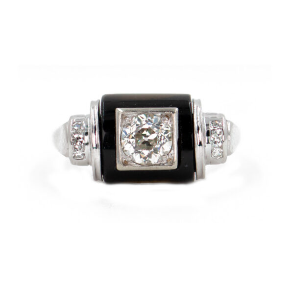 770-21607-Front Vintage Onyx & Diamond Ring in 14K White Gold, Art Deco Estate Ring
